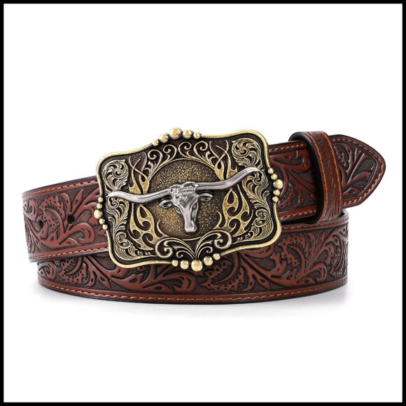 Western Leather Belt Floral Engraved Longhorn Buckle Classic Cowboy Style main image 4